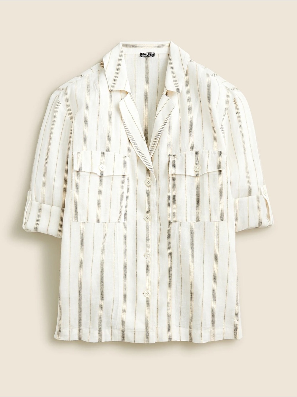 J. Crew Cream Camp Button-Down Linen-Blend Stripe Shirt